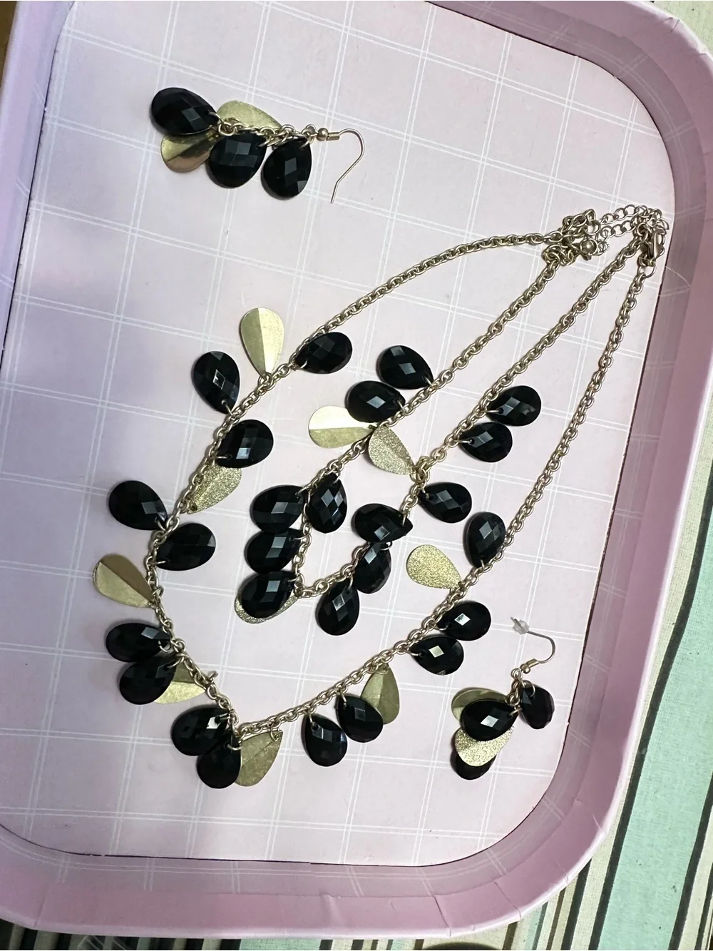Gold Chain Necklace and Earring Set with Black Faceted Teardrops